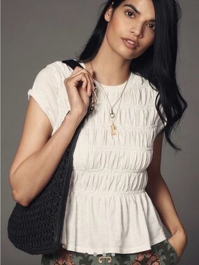 NWT Anthropologie Pilcro Tabby Ruched Cap-Sleeve Tee White SZ SMALL
